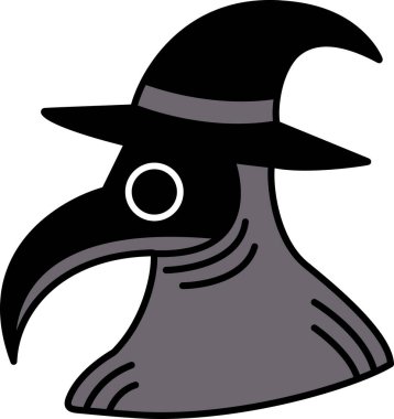 Siyah şapkalı ve siyah maskeli siyah bir cadının karikatür çizimi. Çizimin ürkütücü ve uğursuz bir havası var.
