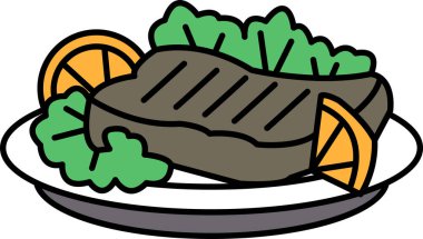 Bir tabak yemek, bir parça et ve birkaç dilim portakal. Tabak beyaz ve yemek siyah bir tabakta.