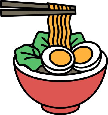 Yumurtalı ve yeşil sebzeli bir kase ramen. Kase kırmızı, erişteler uzun ve ince. Sahne neşeli ve şen şakrak