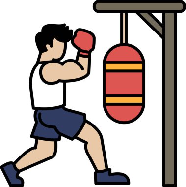 Bir adam kırmızı ve turuncu kum torbasıyla boks yapıyor. Adam beyaz gömlek ve mavi şort giyiyor.