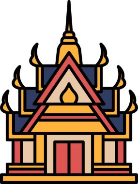 Kırmızı çatılı ve sarı çizgili bir bina. Bina bir tapınak. Çatı birçok küçük kuleyle süslenmiştir.