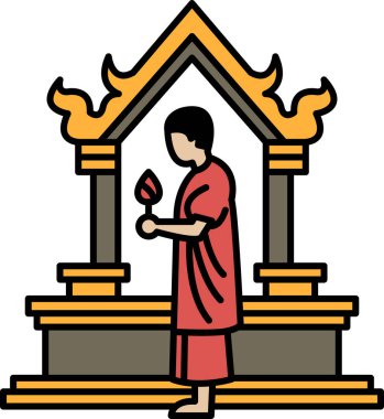 A man in a red robe holding a candle in front of a building. Concept of spirituality and reverence clipart