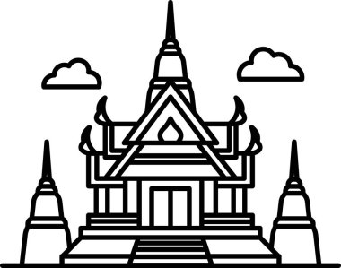 Üç kulesi olan siyah beyaz bir bina.