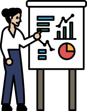 Üzerinde sunum olan bir kadın beyaz bir kurulun önünde duruyor. Tahtadaki bir grafiği işaret ediyor.