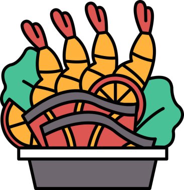 Karides, marul ve portakallı bir yemek kâsesinin karikatür çizimi. Kase birkaç havuç ve birkaç portakal da dahil olmak üzere çeşitli renkli malzemelerle dolu.