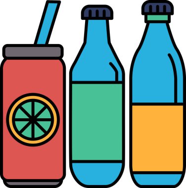 Üç şişe soda ve bir pipet. Şişeler farklı renklerde.