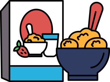 Bir kutu mısır gevreği ve bir kase mısır gevreği bir masada sergilenir. Kutudaki tahıl gevreği gevrek dokusu ve tatlı tadı ile tanınan popüler bir markadır. Kase mısır gevreğiyle dolu.