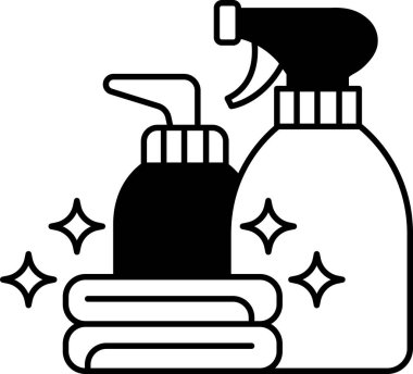 Ortasında havlu olan iki şişe temizlik malzemesi.