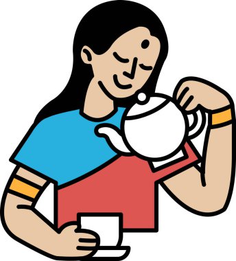 Bir kadın fincana çay döküyor. Kadın gülümsüyor ve çayından hoşlanıyor gibi görünüyor.