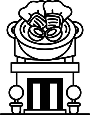 Üzerinde büyük bir tencere olan bir binanın karikatür çizimi.