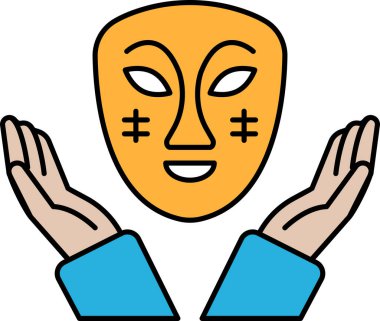 Üzerinde maske olan ve elinde iki el olan bir karikatür. Sahne, koruma ve bakımdır.