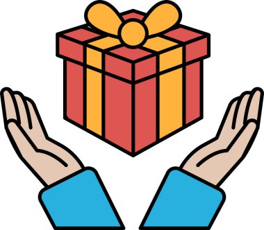 Kırmızı ve sarı bir kutu iki elle tutuluyor. Kutu bir hediye ve eller onu koruyor. Sıcaklık ve özen kavramı, sanki hediye değer ve değer veriyormuş gibi.