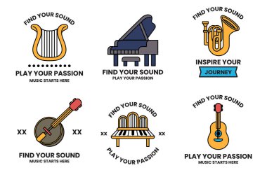 Set of illustrations in the concept of a musical instrument store in line illustration style clipart