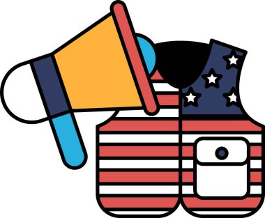 Çizgili yeleği ve Amerikan megafonu olan bir Amerikan bayrağı karikatürü.
