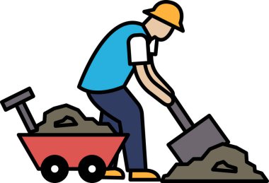 Bir adam kırmızı bir el arabasına toprak kürüyor. Sıkı çalışma ve ağır işçilik kavramı