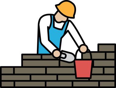 Bir adam tuğla döşeyip havan topunu tutmak için kova kullanıyor. Eldeki göreve sıkı çalışma ve adanmışlık kavramı