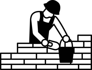 Bir adam tuğla örüyor ve elinde kova tutuyor. Sıkı çalışma ve ağır işçilik kavramı