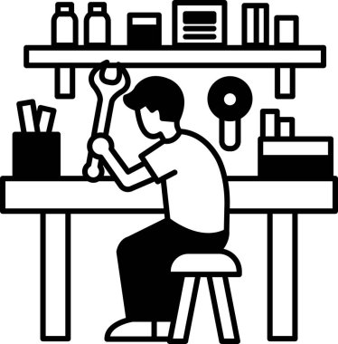 Adamın biri tezgahta bir proje üzerinde çalışıyor. Elinde İngiliz anahtarı var ve görevine odaklanmış durumda. Adam projesinde özenle çalışırken azim ve konsantrasyon kavramı