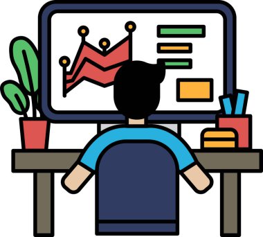 Bir adam bilgisayar monitörünün önünde masada oturuyor. Mavi bir gömlek giyiyor ve ekrana odaklanmış durumda. Verimlilik ve konsantrasyon kavramı