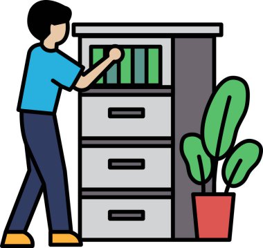 Bir adam dosya dolabına uzanıyor. Dolap dosya ve dosyalarla dolu. Adam özel bir dosya arıyor.