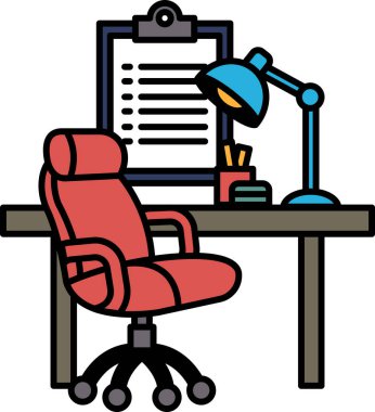 Elinde bir dosya ve lambayla bir masanın önünde kırmızı bir sandalye oturuyor. Panoda eşyaların bir listesi var ve lamba da açık. Verimlilik ve organizasyon kavramı