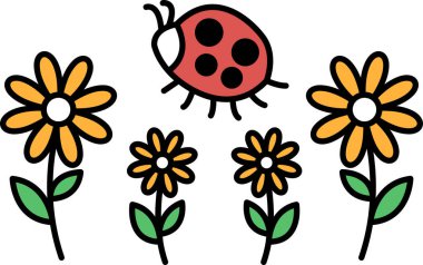 Bir uğur böceği bir demet çiçeğin üzerinde uçuyor. Çiçekler sarı ve turuncu. Uğur böceği kırmızı ve siyah