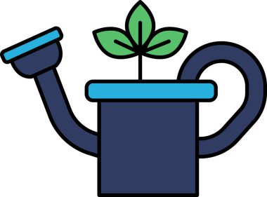 İçinde yeşil bir bitki olan mavi bir sulama kutusu. Bitki küçük ve yaprak gibi görünüyor.