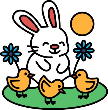 Bir çizgi film tavşanı kollarında iki yavru kuş tutuyor. Sahne parlak ve neşeli, arka planda güneş parlıyor.