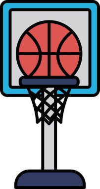 Ağda basketbol topu olan bir basketbol potası. Çember mavi ve beyaz.