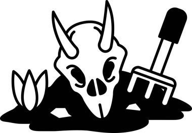 Boynuzlu bir kafatası yerde bir küreğin yanında yatıyor. Kafatası koyu bir arka planla çevrili ve kürek de onun üzerinde duruyor. Tehlike ve gizem kavramı, kafatası gibi.