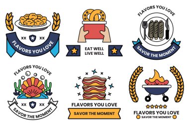 Çizim tarzında restoranlar ve deniz ürünleri kavramında bir dizi çizim