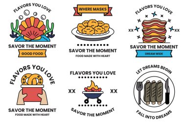 Çizim tarzında restoranlar ve deniz ürünleri kavramında bir dizi çizim