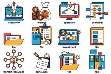 Ofis konseptinde bir dizi illüstrasyon ve satır biçiminde belgeler