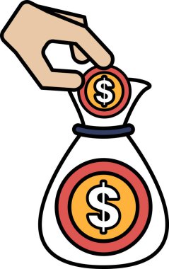 Bir el, üzerinde dolar işareti olan bir çantaya para koyuyor.