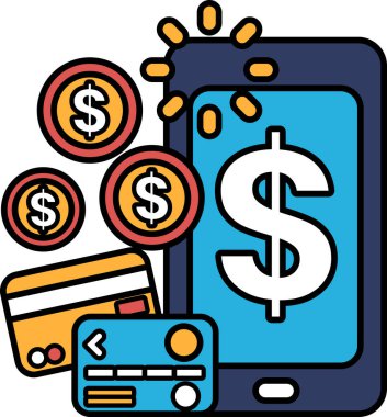 Üzerinde dolar işareti ve bir yığın bozuk para olan bir cep telefonu.