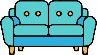 Arkasında turuncu düğmeler olan mavi bir kanepe. Kanepe bir mobilya parçası.