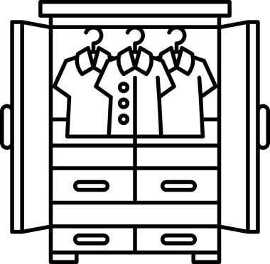 Askılarda asılı üç gömlekli bir dolabın karikatür çizimi.