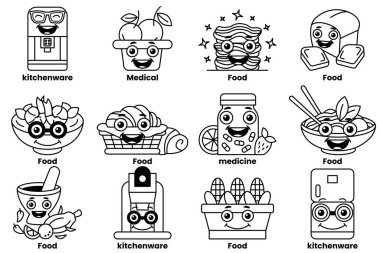 Yüz ifadeleri olan yemek ve elektrikli aletler kavramında bir dizi çizim.