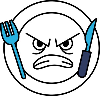 Üzerinde çatal ve bıçak olan bir tabak karikatürü. Bıçak kaldırılmış.