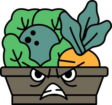 Kızgın bir suratı olan bir sebze kasesi karikatürü.