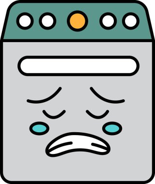 Üzücü bir ifadeyle bir çamaşır makinesi çizgi film karakteri.