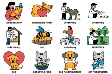 Veterinerler ve hayvan klinikleri kavramında bir dizi çizim