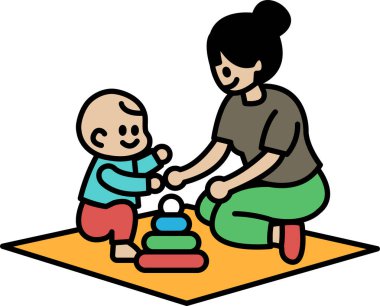 Bir kadın bir bebeği tutuyor ve bir yığın blokla oynuyor. Anne ve çocuk arasındaki sıcaklık ve sevgi kavramının yanı sıra erken çocukluk gelişiminde oyun ve bağlanmanın önemi