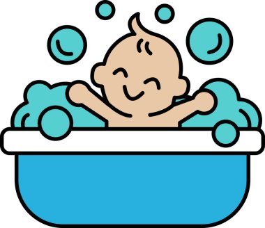 Bir bebek köpüklü bir küvette. Bebek gülümsüyor ve banyonun tadını çıkarıyor. Mutluluk ve neşe kavramı