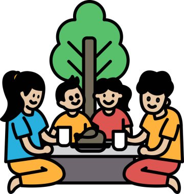 Dört kişilik bir aile yemek ve içeceklerle dolu bir masanın etrafında oturuyor. Gülümsüyorlar ve birbirlerinin arkadaşlığından zevk alıyorlar.