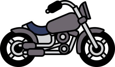 Mavi koltuklu bir çizgi film motosikleti. Motosiklet beyaz arka planda park edilmiş. Sahne neşeli ve neşeli.