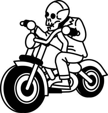 Bir iskelet motosiklet sürüyor. İskelet deri bir ceket giyiyor ve sırtında bir sırt çantası var.