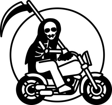 Bir iskelet motosiklet sürüyor. Kafatası bir tırpan tutuyor. Motosiklet siyah.