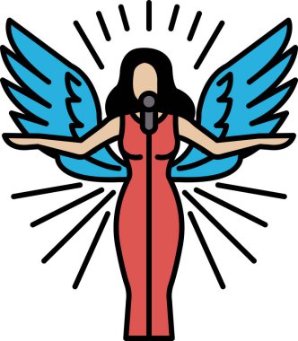 Kırmızı elbiseli bir kadın mikrofona şarkı söylüyor. Görüntüde bir kadın mikrofona şarkı söylüyor, kolları açık ve vücudu zarif bir pozda. Arka plan parlak.