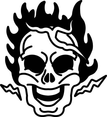 Yüzünde bir gülümseme ve içinden alevler çıkan bir kafatası. Kafatası gülümsüyor ve alevler ağzından çıkıyor.